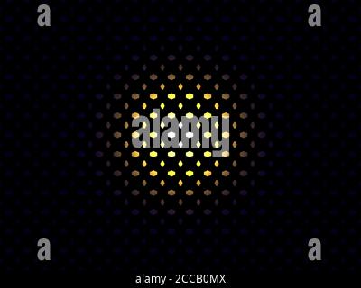 Grid black background circle glows. Light through holes in the mesh. Yellow light and black background. Vector illustration Stock Vector