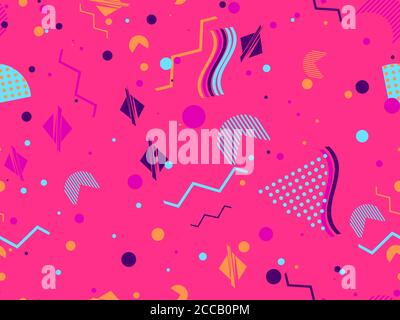 Geometric seamless pattern in style of the 80s. Zigzags and triangles, dots in pop art style. Background for promotional products, wrapping paper and Stock Vector