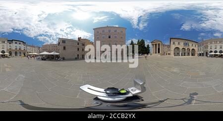 360 degree panoramic view of 360 degree photo, market square with Temple of Augustus and town hall, Pula, Istria, Croatia