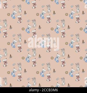 Christmas pattern on a light pink background - different socks with gifts, a candle and a Christmas star. For festive design and decoration. Vector  Stock Vector