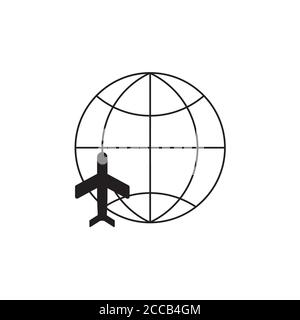 Globe with plane icon vector. World planet and airplane fly sign in outline style illustration Stock Vector