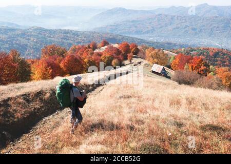 Backpacker at sunny autumn meadow with orange beech trees. Ukrainian Carpathians mountains. Landscape photography Stock Photo