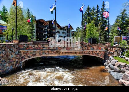 Bridge and Gore Creek, The Town of Vail , Colorado, USA, North America, United States Stock Photo