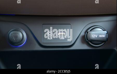 power outlet, USB port and car cigarette lighter in car Stock Photo