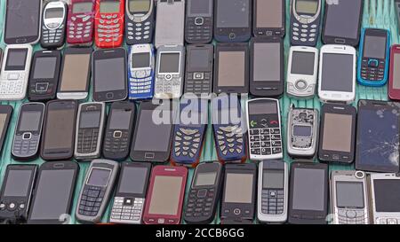 Big collection of old mobile phones variety Stock Photo