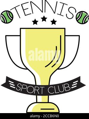tennis balls and lettering with trophy cup line and fill style vector illustration design Stock Vector