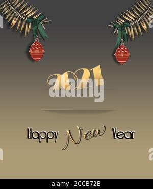 Elegant 2021 New Year card in gold colour with gold shiny text 2021 in paper stripe, fir branches with red balls and text Happy New Year. 3D Illustration Stock Photo