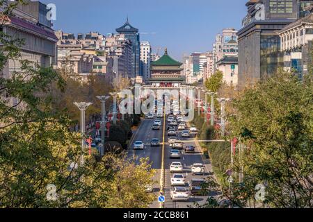 View of the Bell Tower on a street in  the downtown area of Xian, China Stock Photo