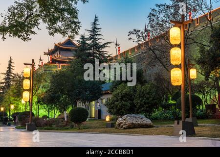 Evening view of the Ancient City Wall in Xian, China Stock Photo