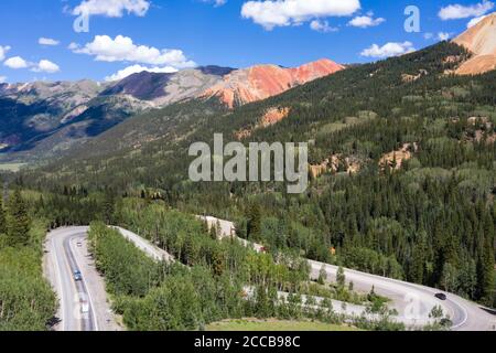 Aerial views above Red Mountain Pass along the Million Dollar Highway in the San Juan Mountains of Colorado Stock Photo
