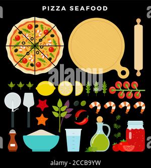 Pizza with seafood and all ingredients for cooking it. Make your pizza. Set of products and tools for pizza making. Vector illustration on dark Stock Vector