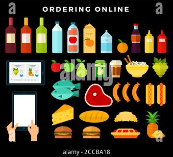 Online ordering products from the store on dark background Stock Vector