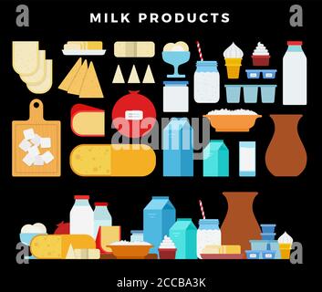 Milk products icon set. Milk and cheese showcase, store shelf. Farm foods on dark background Stock Vector