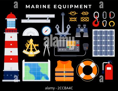 Marine Equipment, anchor, nautical seafaring, sailing equipment. anchor, binoculars, lifebuoy, life jacket, hook, knots, carbines, compass, map. on Stock Vector