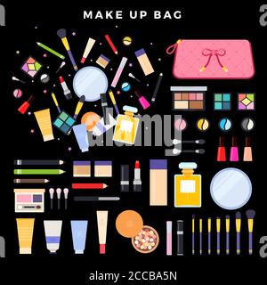 Eye shadow, lipstick, powder, nail polish, mascara, foundation, mirror, brushes, eyeliner on dark background Stock Vector