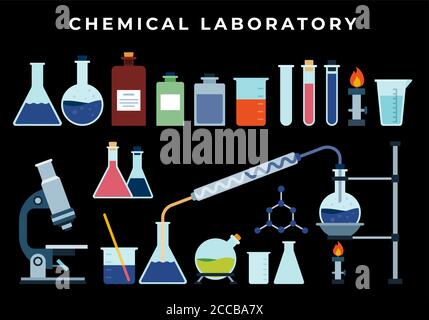 Chemical, biological pharmaceutical science lab research, analysis, experiment tools. Isolated illustration with flasks, test tube, beaker, burner on Stock Vector