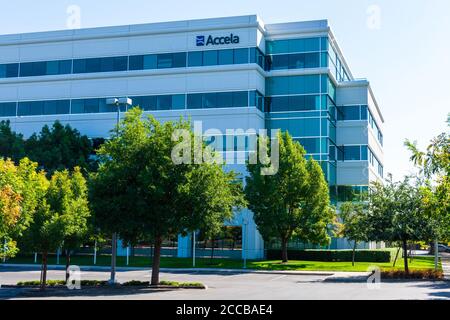 Accela sign at company headquarters in Silicon Valley, high-tech hub of San Francisco Bay Area - San Ramon, California, USA - October 2019 Stock Photo