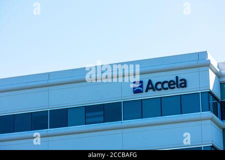 Accela sign at company headquarters in Silicon Valley, high-tech hub of San Francisco Bay Area - San Ramon, California, USA - October 2019 Stock Photo