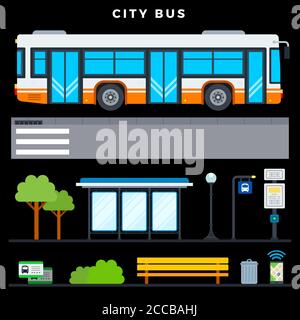 City bus transport vector flat icons set with public transport stop, bench, lamp post, urn, tickets, phone navigation, bus stop sign, crosswalk and Stock Vector