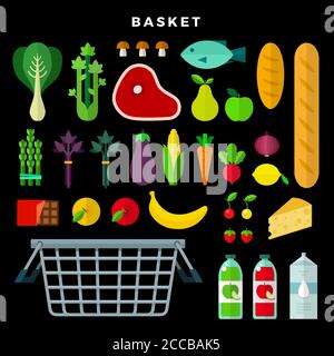 Grocery selection set with vegetables, fruits, meat, bread, cheese, juice, milk, fish, mushrooms, chocolate, berries, cabbage and food basket on dark Stock Vector