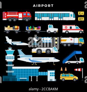 Airport exterior. Airplanes, different planes, cars, buildings, tickets, luggage dark theme isolated Stock Vector