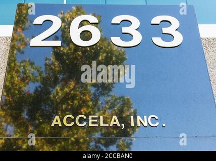 Accela sign at company headquarters in Silicon Valley, high-tech hub of San Francisco Bay Area - San Ramon, California, USA - October 2019 Stock Photo