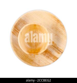 Plates and cup made from dried betel nut leaf palm, natural material isolated on white background, Save clipping path. The Green product eco friendly Stock Photo