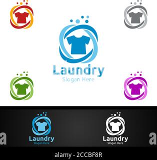 Laundry Dry Cleaners Logo with Clothes, Water and Washing Concept Design Stock Vector