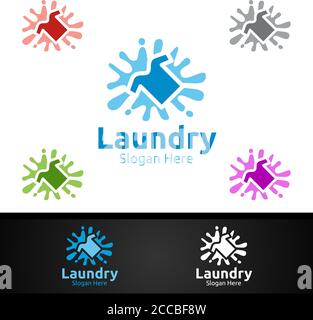 Splash Laundry Dry Cleaners Logo with Clothes, Water and Washing Concept Design Stock Vector