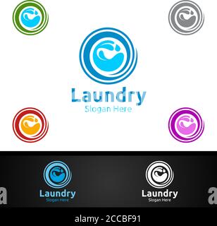 Laundry Dry Cleaners Logo with Clothes, Water and Washing Concept Design Stock Vector