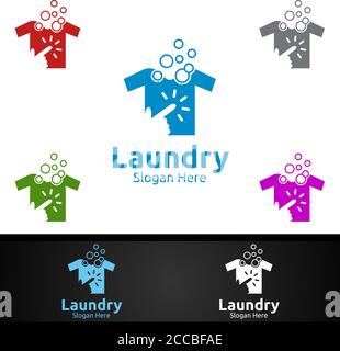 Laundry Dry Cleaners Logo with Clothes, Water and Washing Concept Design Stock Vector