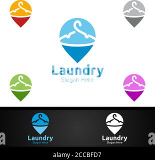 Pin Laundry Dry Cleaners Logo with Clothes, Water and Washing Concept Design Stock Vector