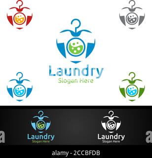 Love Laundry Dry Cleaners Logo with Clothes, Water and Washing Concept Design Stock Vector