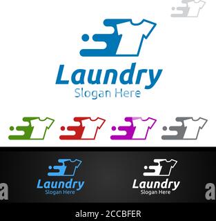 Fast Laundry Dry Cleaners Logo with Clothes, Water and Washing Concept Design Stock Vector