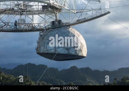 The Gregorian Dome reflector is suspended 490 feet above the radio telescope dish of the Arecibo Observatory in Puerto Rico. Stock Photo