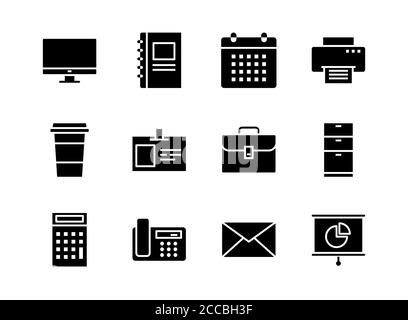 Office icon set solid style. Symbols for website, magazine, app and design. Stock Vector