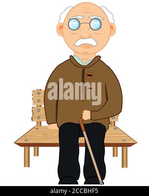 Grandparent sitting on bench with walking stick Stock Vector