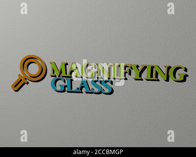 3D graphical image of magnifying glass vertically along with text built by metallic cubic letters from the top perspective, excellent for the concept presentation and slideshows, 3D illustration Stock Photo