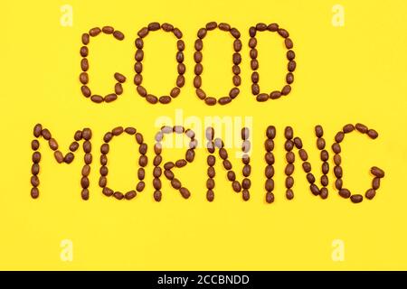 Close up view of word Good morning from roasted coffee beans Stock Photo