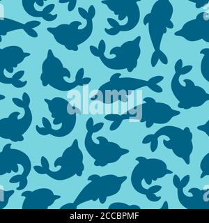 Seamless pattern with silhouettes of dolphins in light blue background. Minimalistic design with dolphins for prints and backgrounds. Flat vector Stock Vector