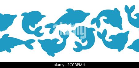 Horizontal seamless pattern with silhouettes of dolphins in white background. Minimalistic design with blue dolphins. Flat vector illustration. Stock Vector
