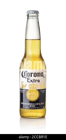 Samara, Russia - August 2020. Product shot of Corona Extra beer bottle isolated on white Stock Photo