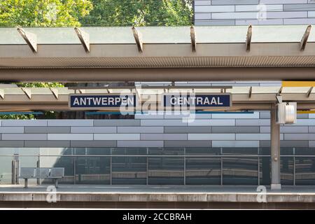 Signs that show that you arrived by train at Antwerp Central Station in Belgium Stock Photo