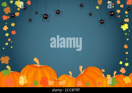 Holiday border with pumpkins,spiders and autumn leaves isolated on dark background.Thanksgiving frame with many spiders,pumpkins and space text.Vector Stock Vector