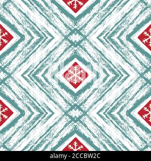 Christmas grunge square seamless pattern. Snowflake in square. Green red rhobuses on white background Stock Vector