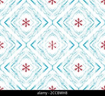 Christmas grunge square seamless pattern. Snowflake in square. Red snowflakes and blue rhobuses on white background Stock Vector