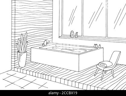 Bathroom graphic home interior black white sketch illustration vector Stock Vector