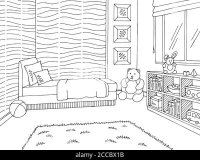 Children room graphic black white interior sketch illustration vector Stock Vector