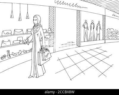 Woman in arab clothing walking in shopping mall graphic black white interior sketch illustration vector Stock Vector