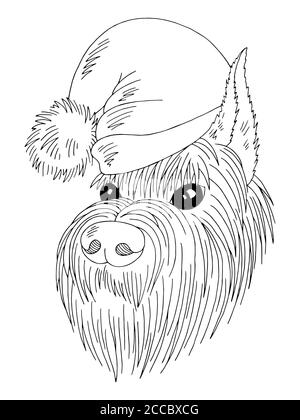 Dog a schnauzer face in a new year hat graphic black white isolated sketch illustration vector Stock Vector